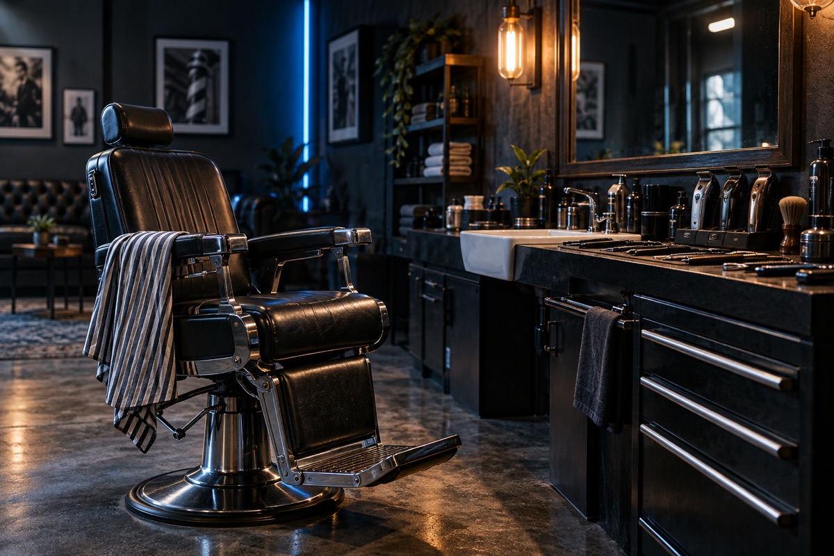 Contemporary barbershop chair with neatly arranged grooming tools
