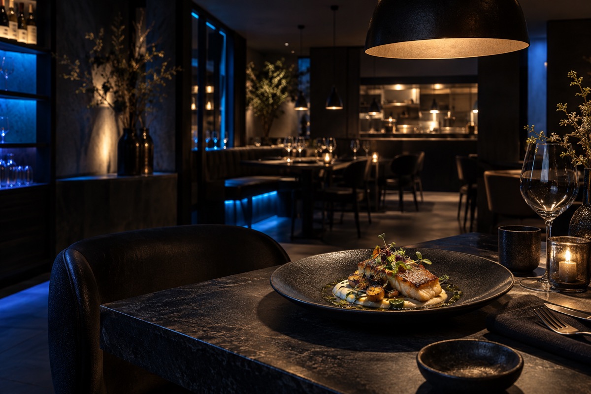 Moody modern restaurant interior and plated meal