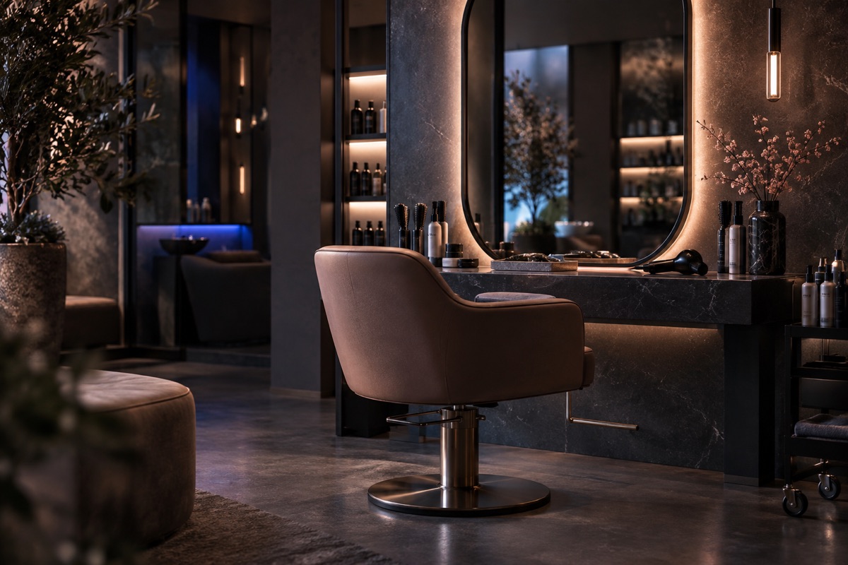 Elegant hair salon chair and softly lit styling station